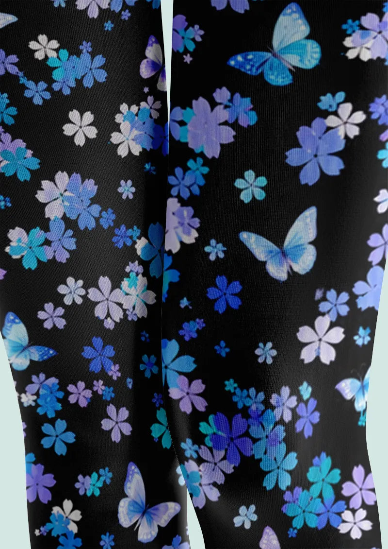 Black Blue Butterfly Floral Tights