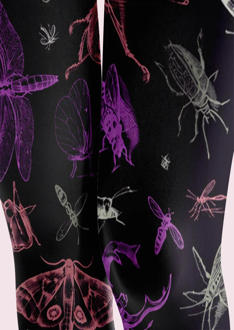 Black Neon Insect Line Art Tights
