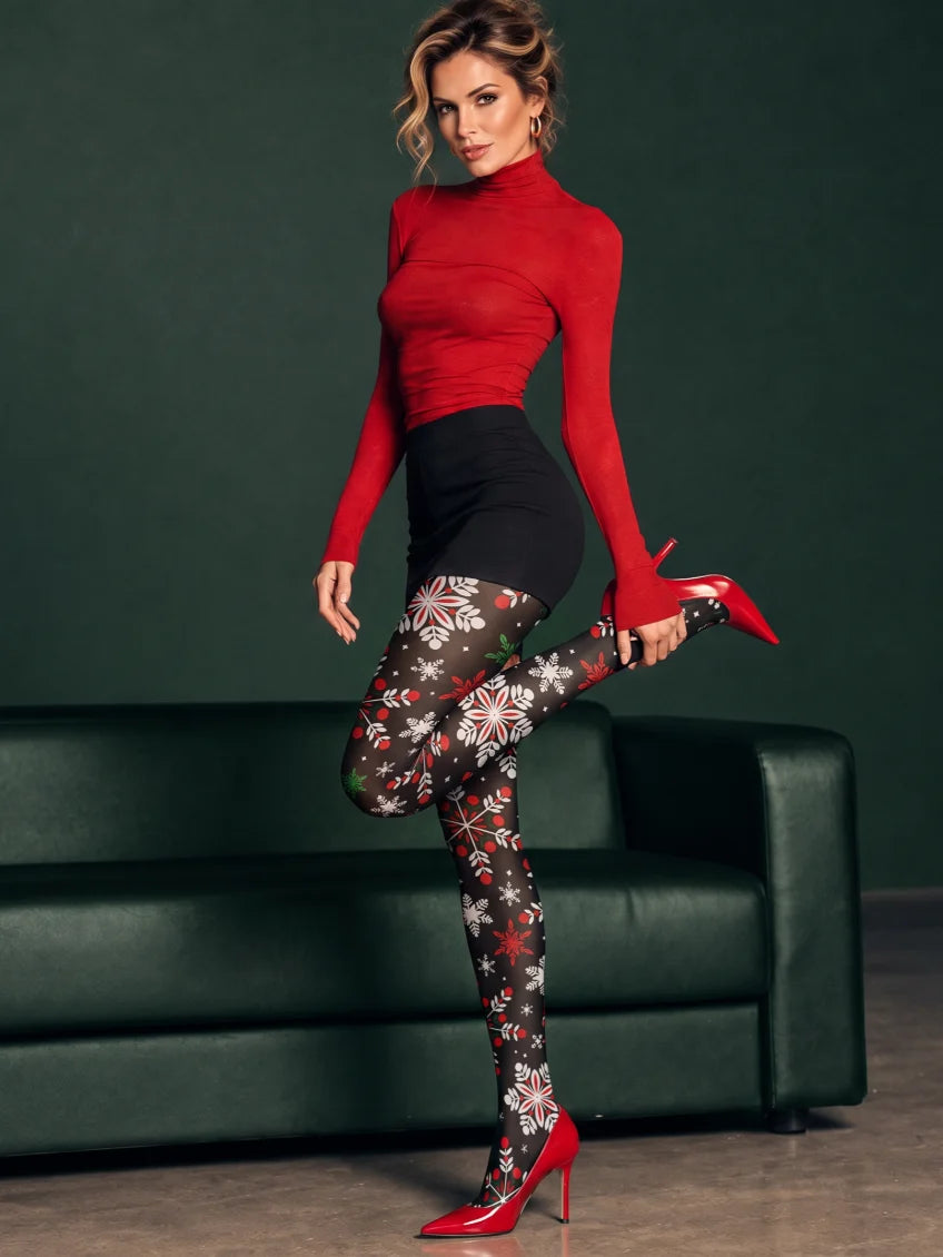 Black Snowflake Botanical Tights