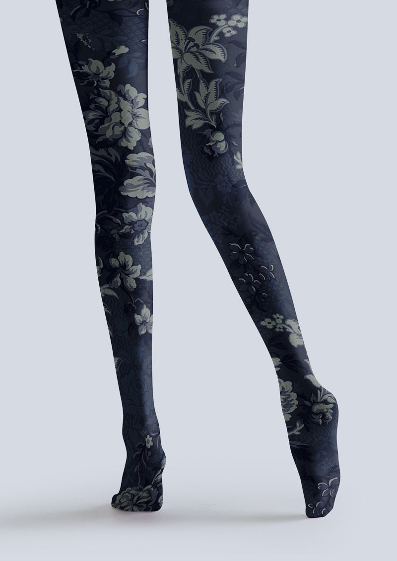 Navy Dark Vintage Floral Tights Hosiery Pantyhose
