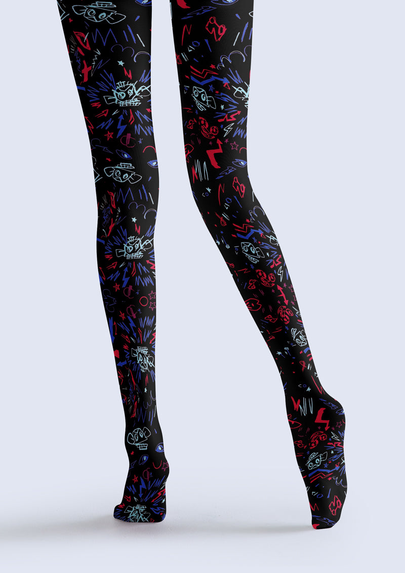 Black Graffiti Print Tights Hosiery Pantyhose