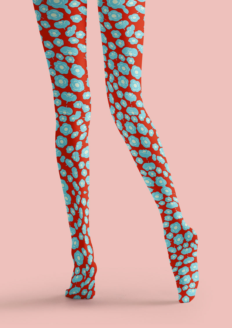 Red Blue Floral Tights Hosiery Pantyhose