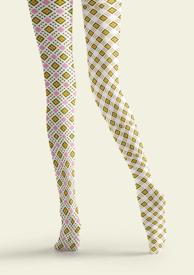 Pink Yellow Diamond Plaid Tights Hosiery Pantyhose