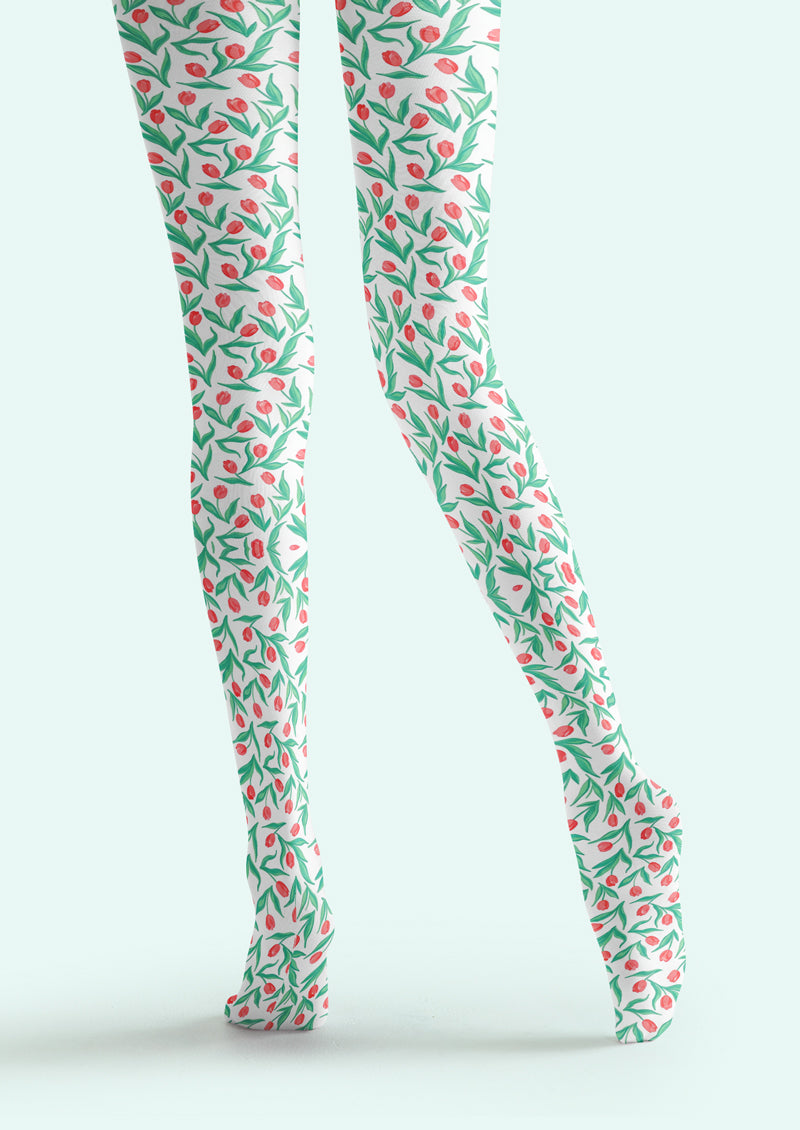 White Pink Floral Tights Hosiery Pantyhose