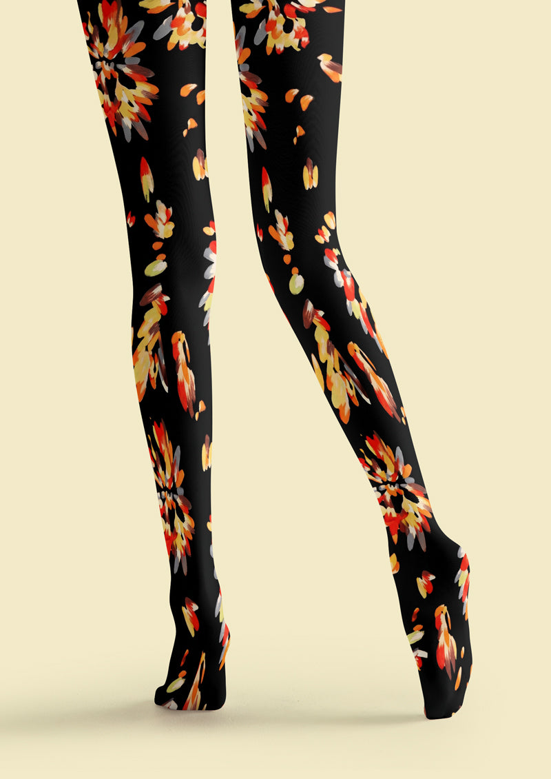 Black Orange Red Firework Floral Tights Hosiery Pantyhose