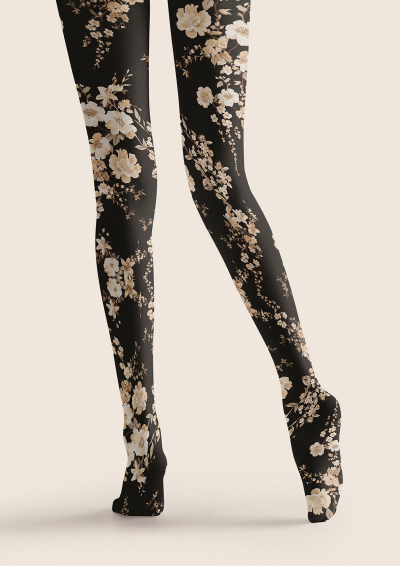 Black White Vintage Floral Tights Hosiery Pantyhose