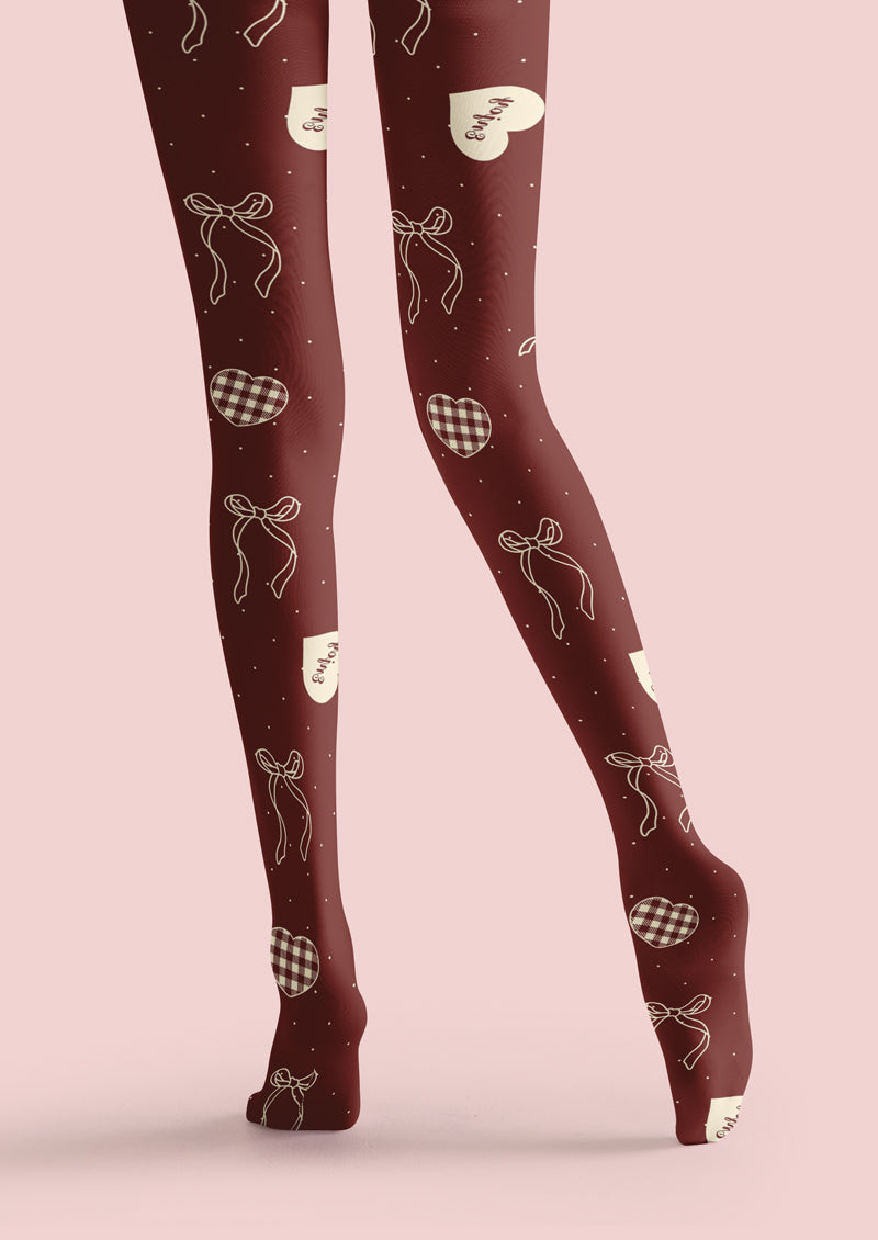 Burgundy Heart Bow Plaid Tights Hosiery Pantyhose