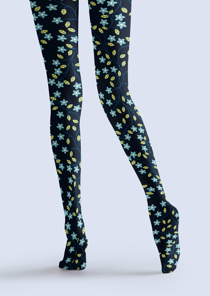 Navy Blue Light Blue Floral Vines Tights Hosiery Pantyhose