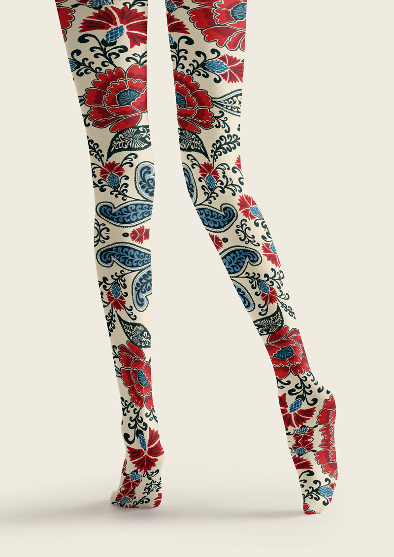 White Red Peony Vintage Tights Hosiery Pantyhose