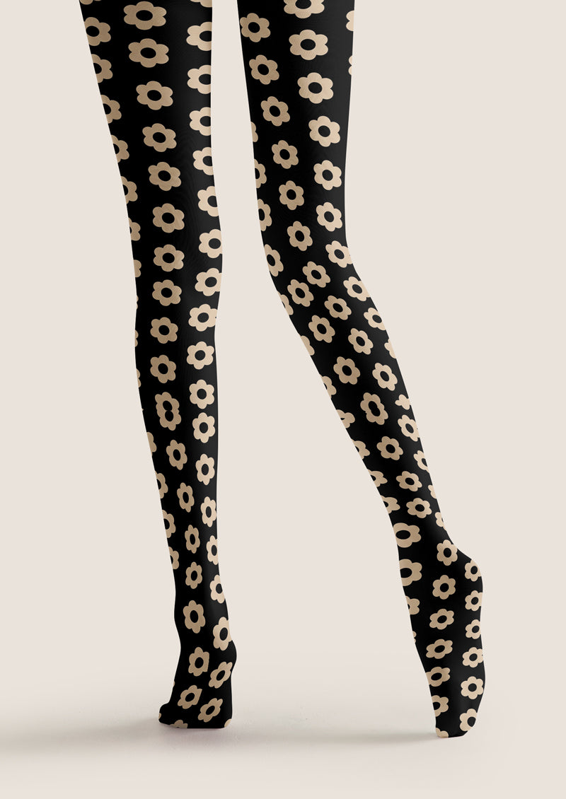 Black Beige Small Flower Tights Hosiery Pantyhose