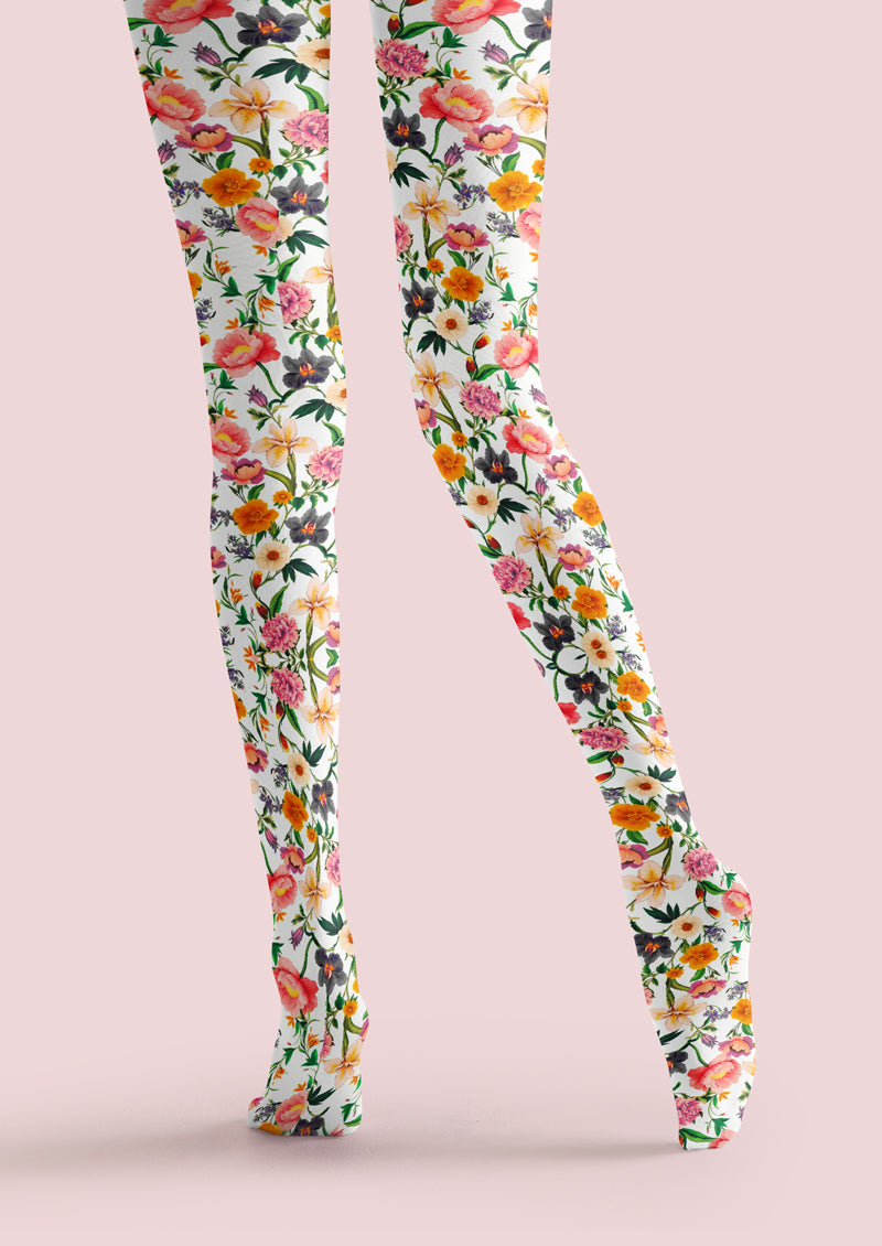 White Colorful Floral Tights Hosiery Pantyhose