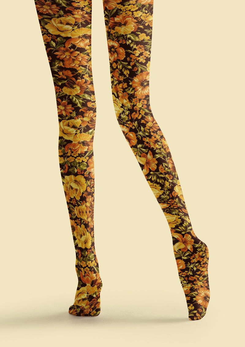 Brown Vintage Yellow Floral Tights Hosiery Pantyhose