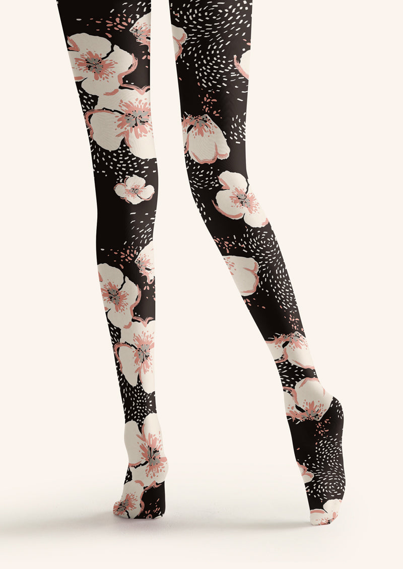 Black White Cherry Blossom Tights Hosiery Pantyhose