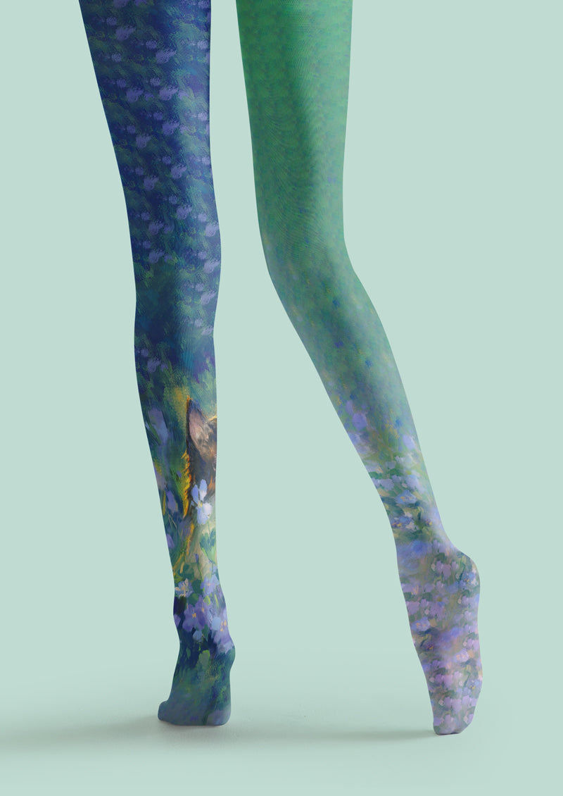 Green Meadow Cat Floral Tights Hosiery Pantyhose