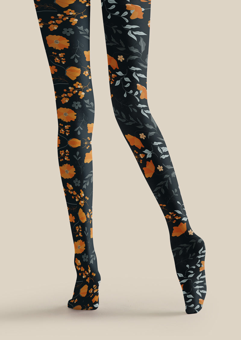 Black Orange Floral Tights Hosiery Pantyhose