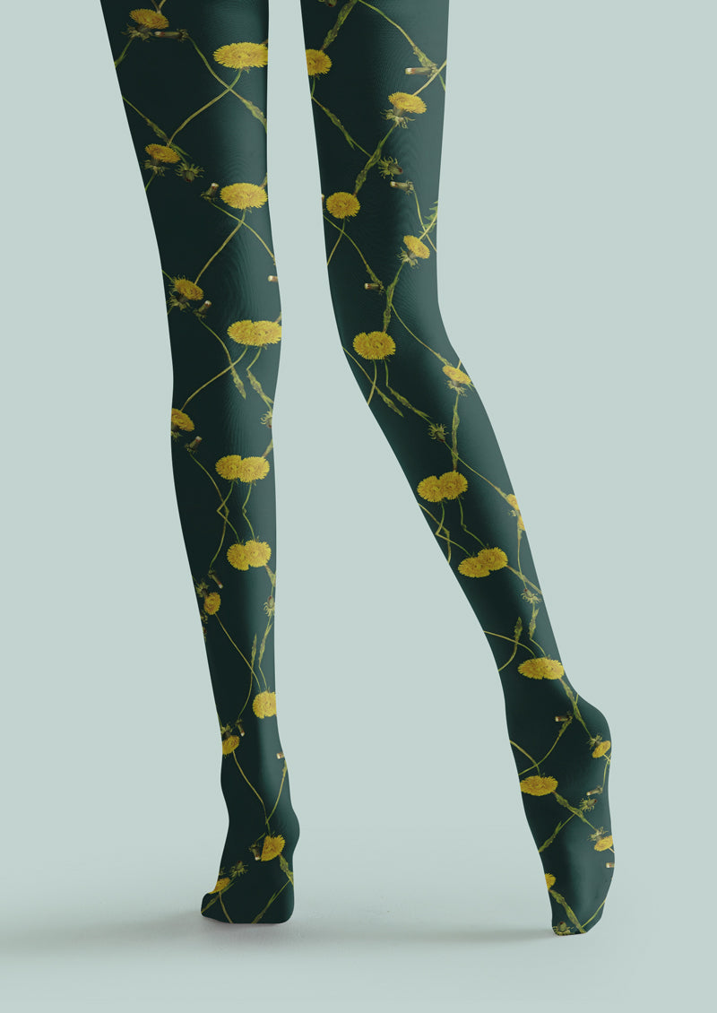 Green Yellow Floral Grid Tights Hosiery Pantyhose