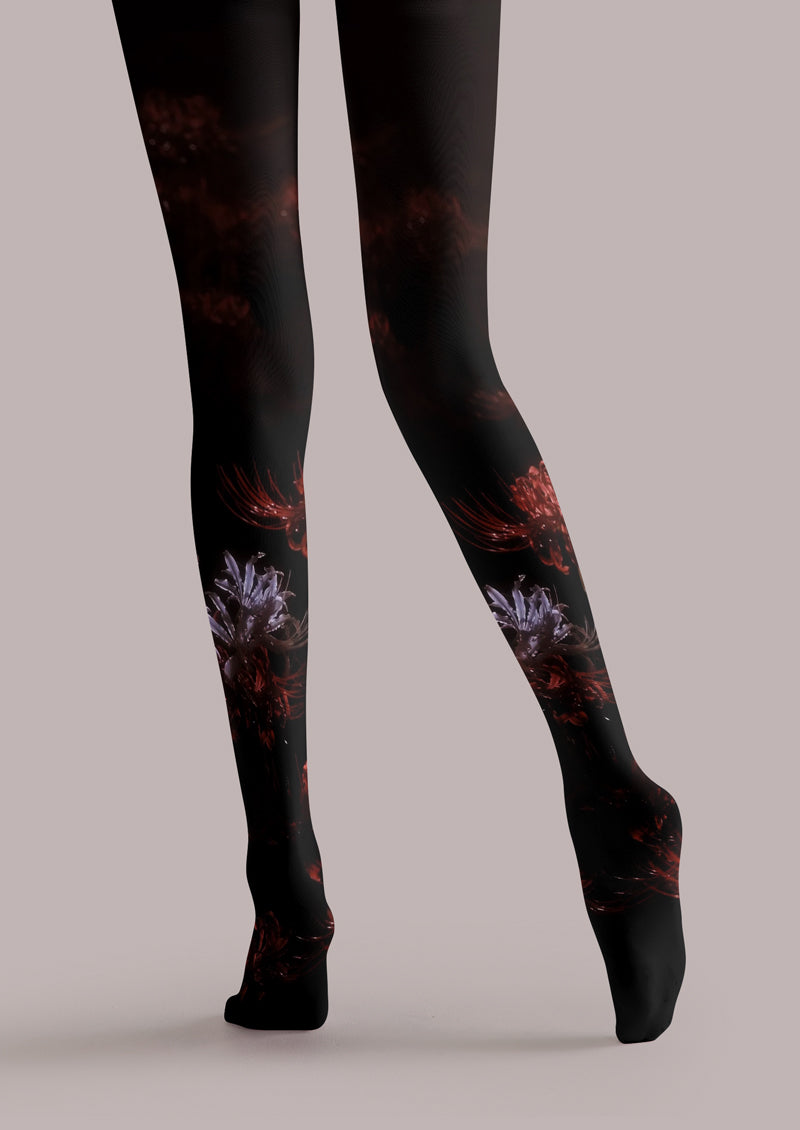 Black Red Spider Lily Floral Tights Hosiery Pantyhose