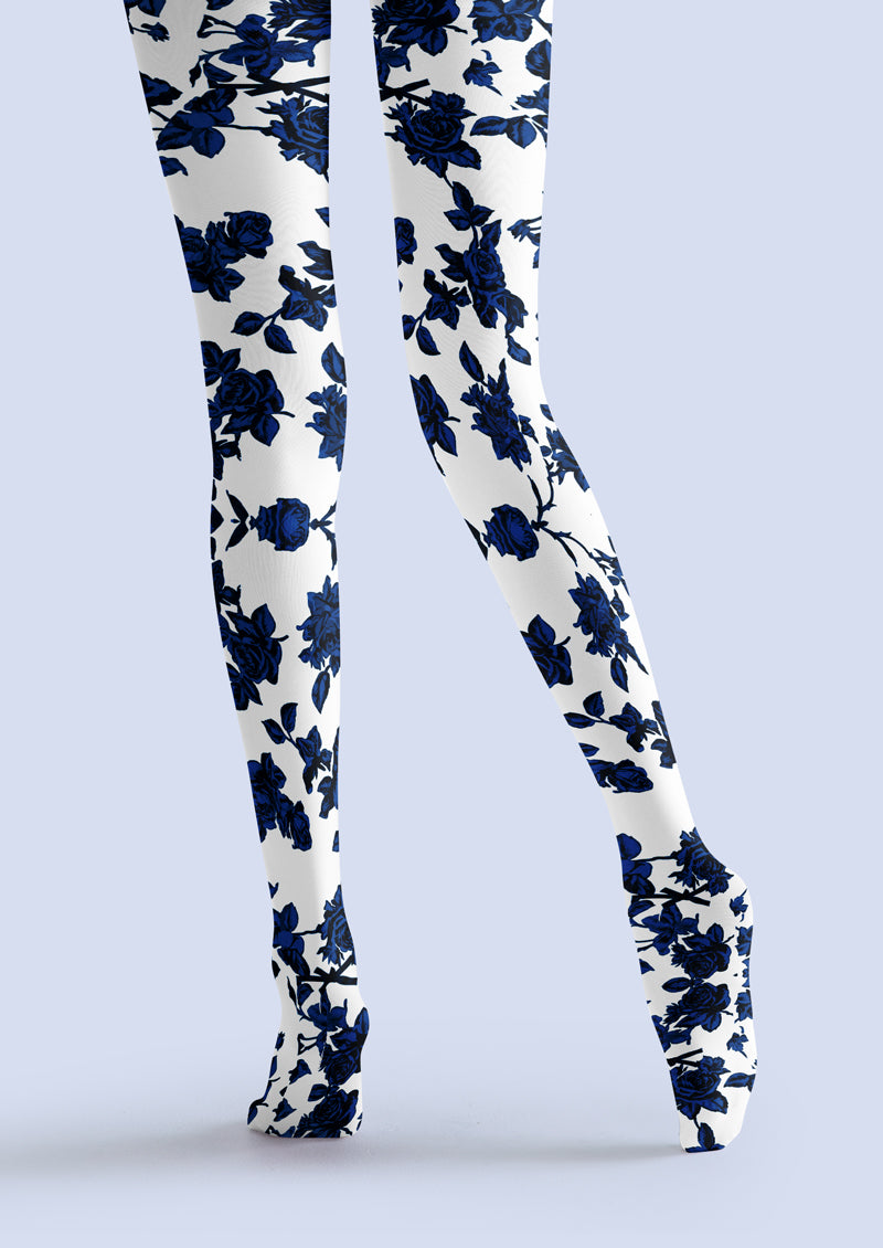 White Blue Rose Tights Hosiery Pantyhose