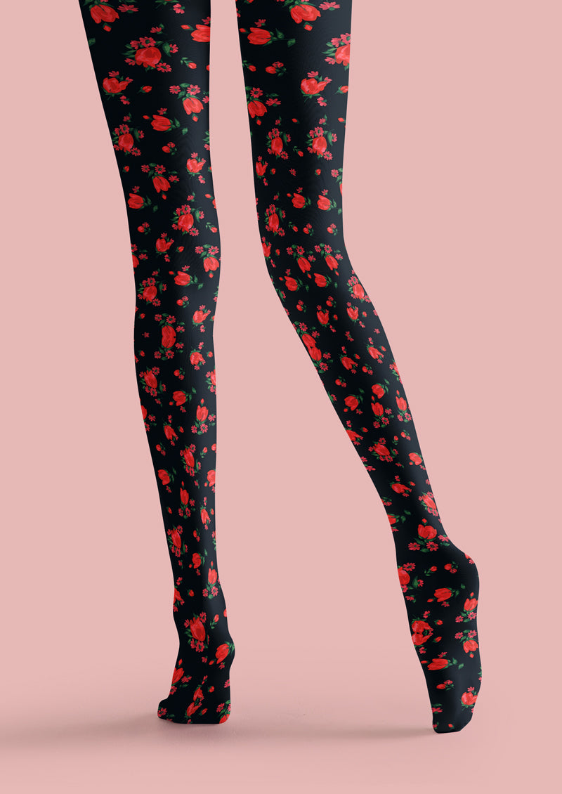 Black Red Rose Tights Hosiery Pantyhose
