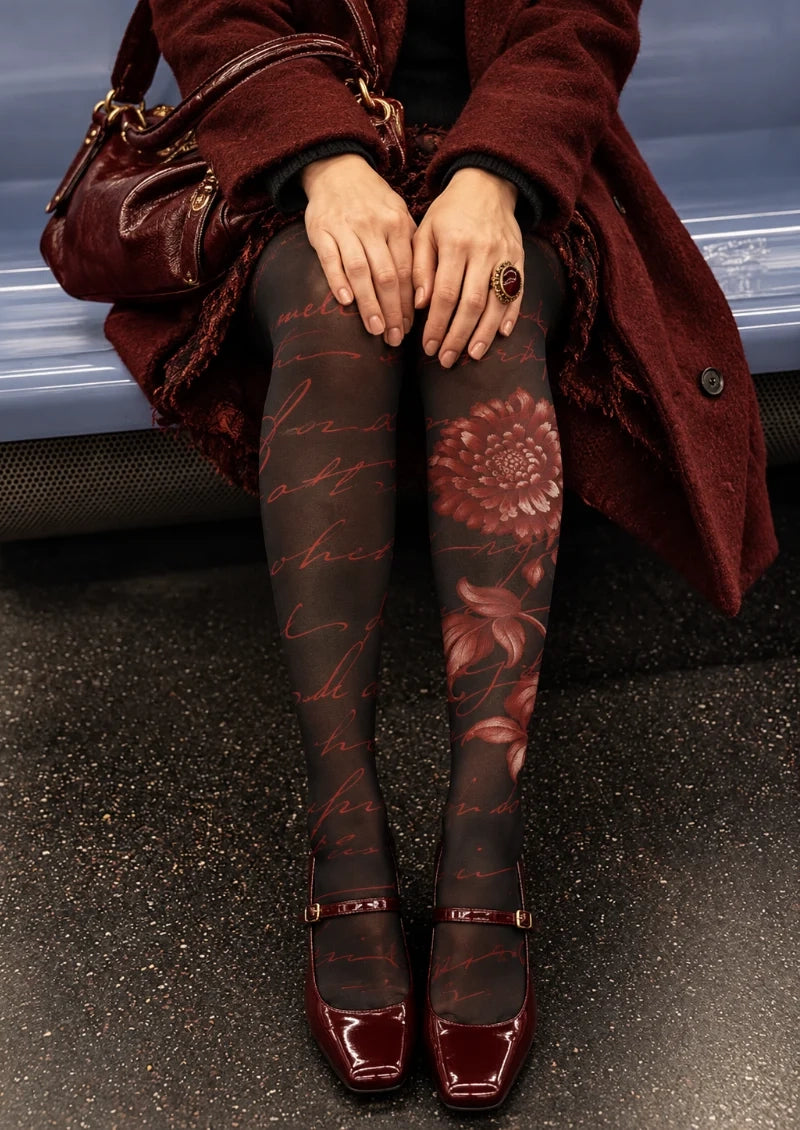 Black Floral Script Tights