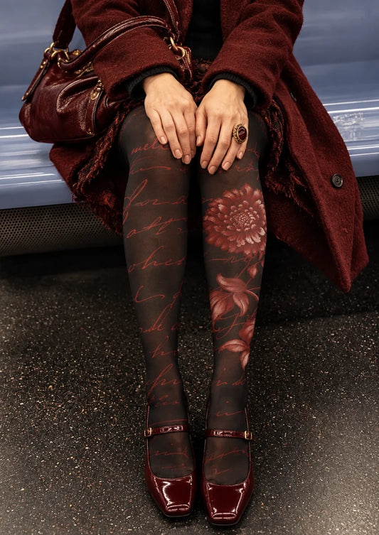 Black Floral Script Tights