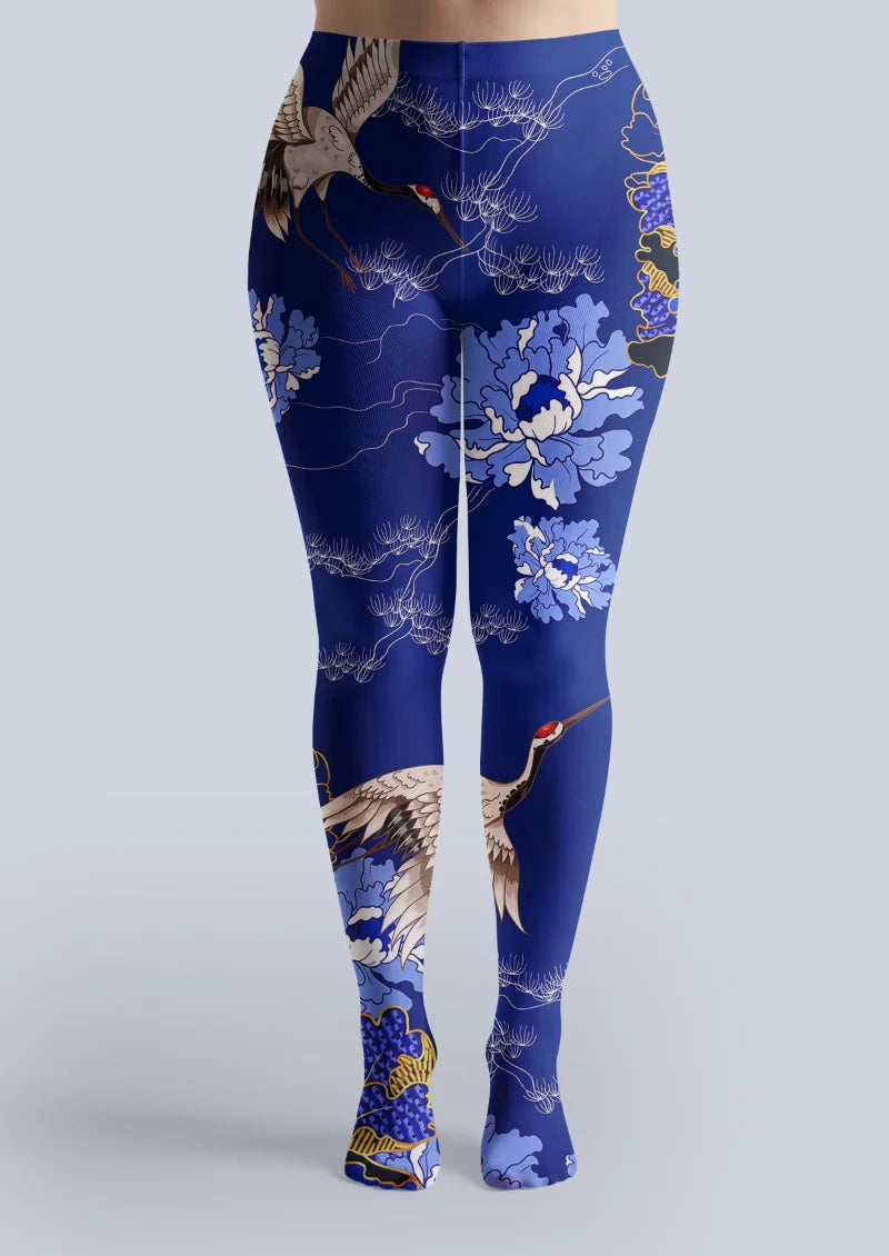 Navy Crane Floral Tights