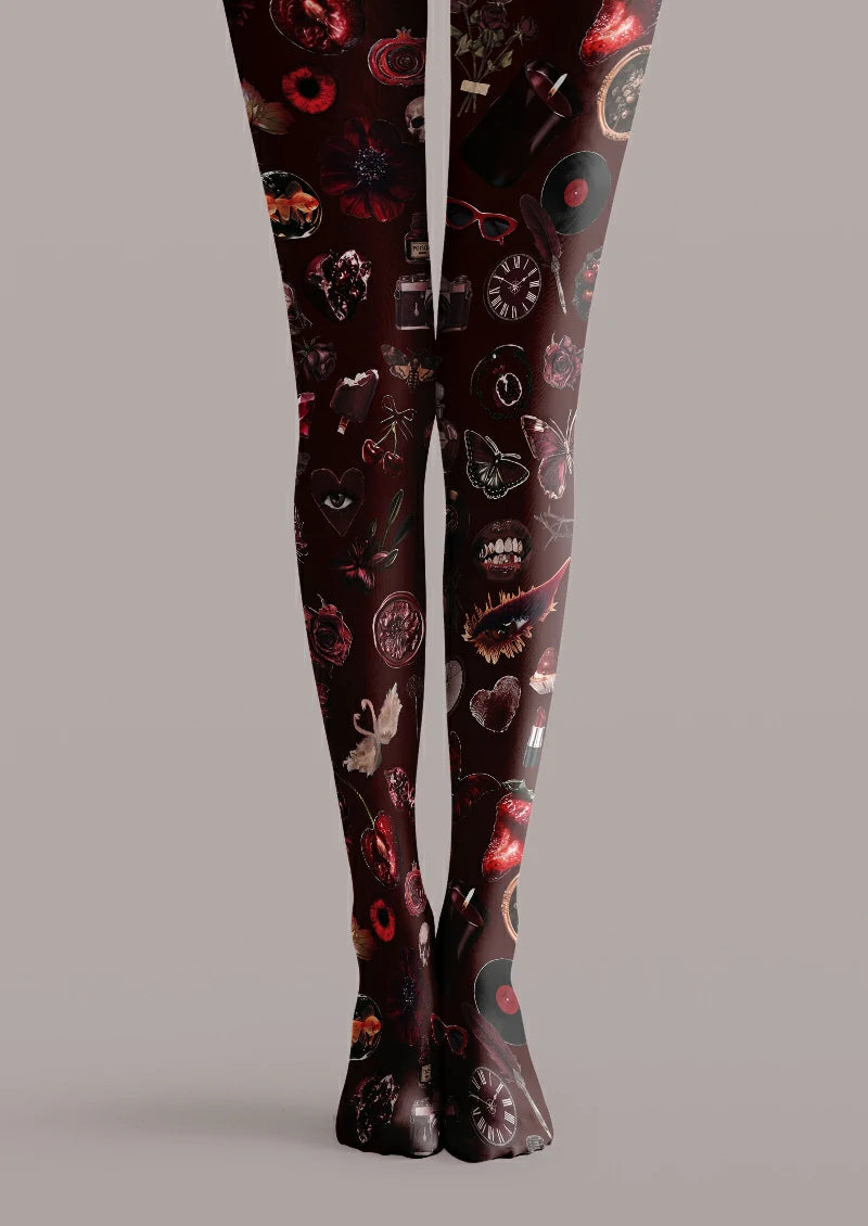 Burgundy printed tights with clocks, roses, eyes, butterflies, records, cameras and other illustrated objects