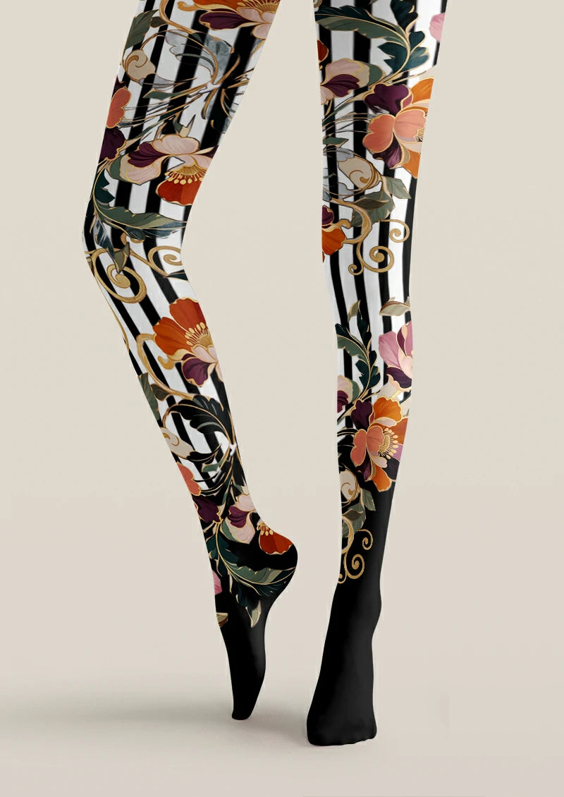 Black Floral Stripe Tights