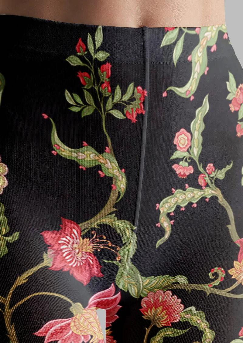 Black Pink Botanical Tights