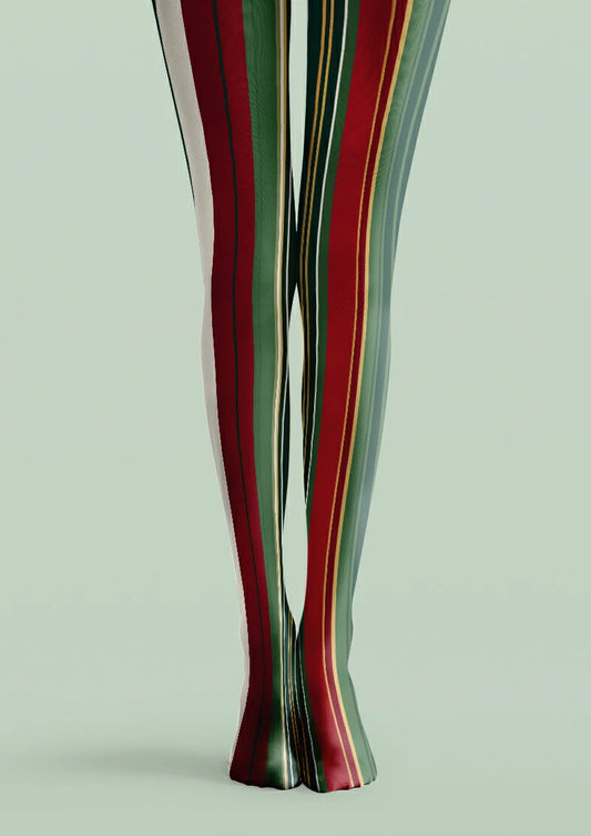 Green and red printed tights with broad vertical stripes, pale dividing bands and fine yellow lines.