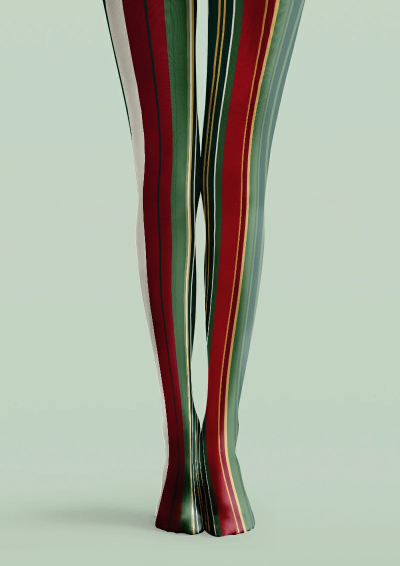 Green and red printed tights with broad vertical stripes, pale dividing bands and fine yellow lines.