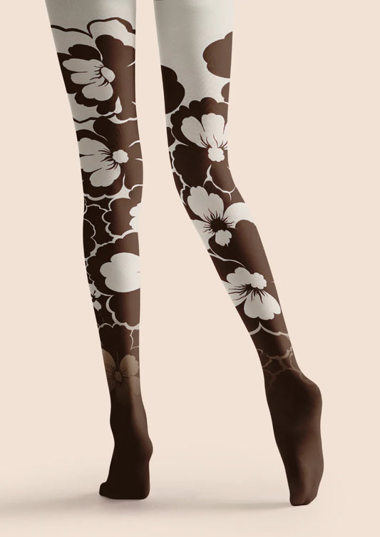 Brown tights with oversized white flowers and pale floral outlines, Marcellise printed tights.