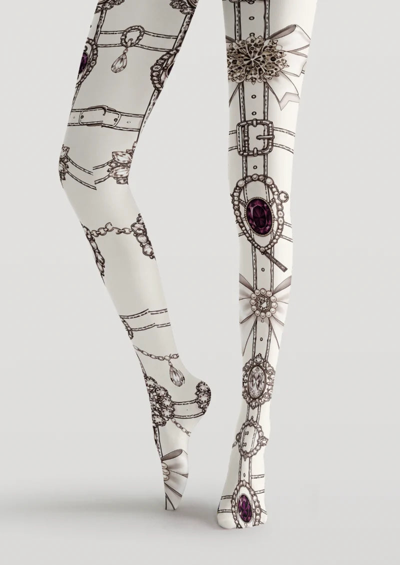 White Jeweled Brooch Tights