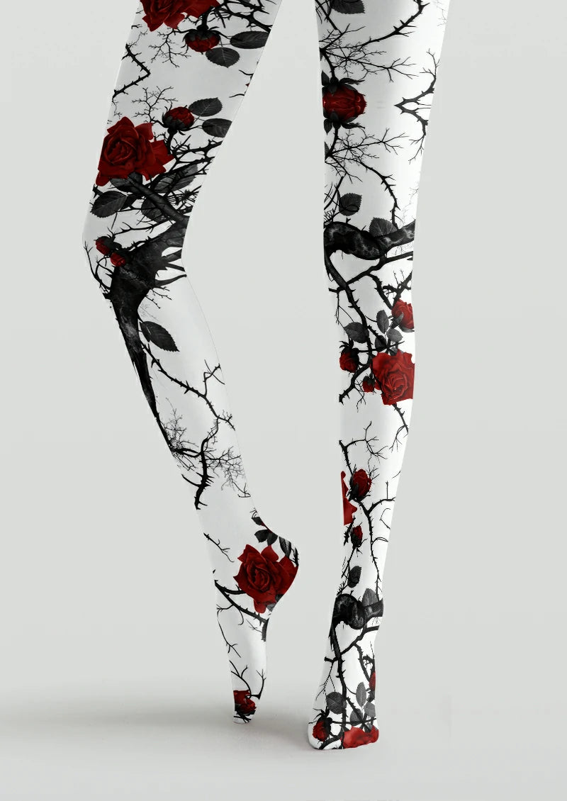 White Red Rose Thorn Tights