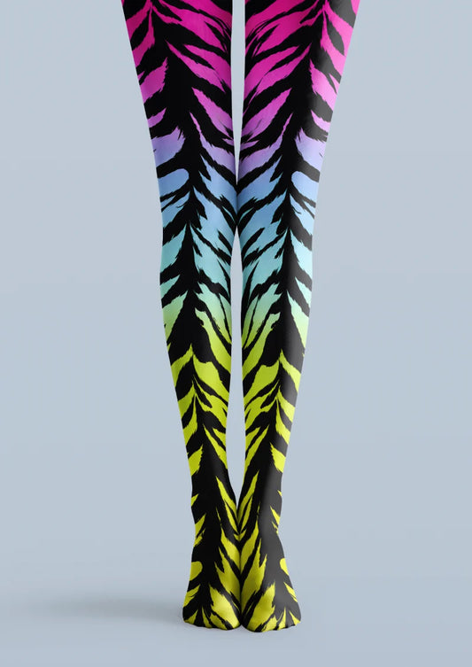 Black printed tights with zebra stripes over pink, blue, green, and yellow gradient color bands