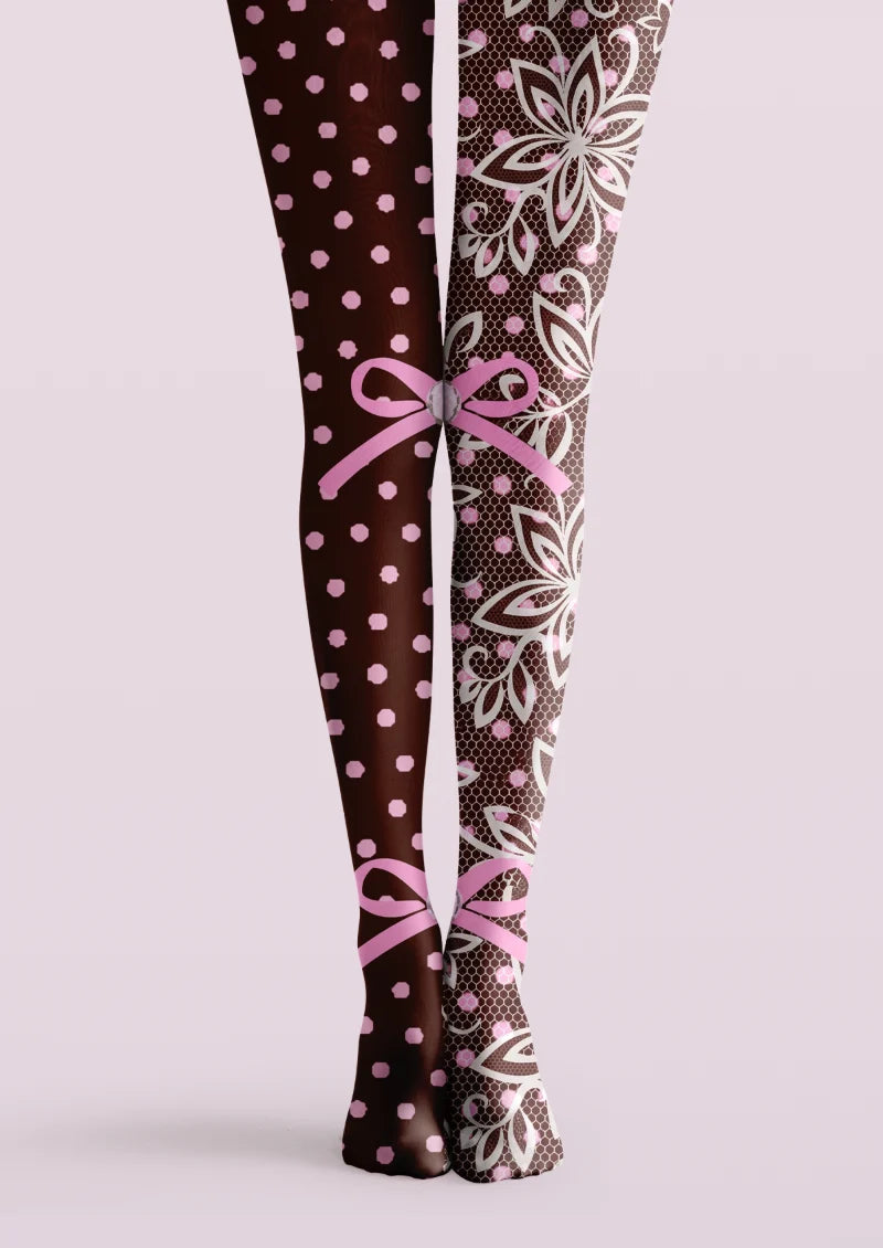 Brown, pink, and white printed tights with polka dots, floral outlines, dark lattice, and ribbon bows