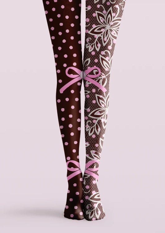Brown, pink, and white printed tights with polka dots, floral outlines, dark lattice, and ribbon bows