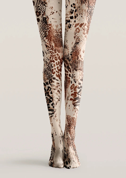 Beige printed tights with brown and black leopard-style spots, snake-scale motifs and irregular animal stripes.