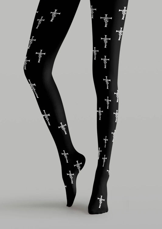 Black printed tights with small white crosses wrapped in rose-like stems