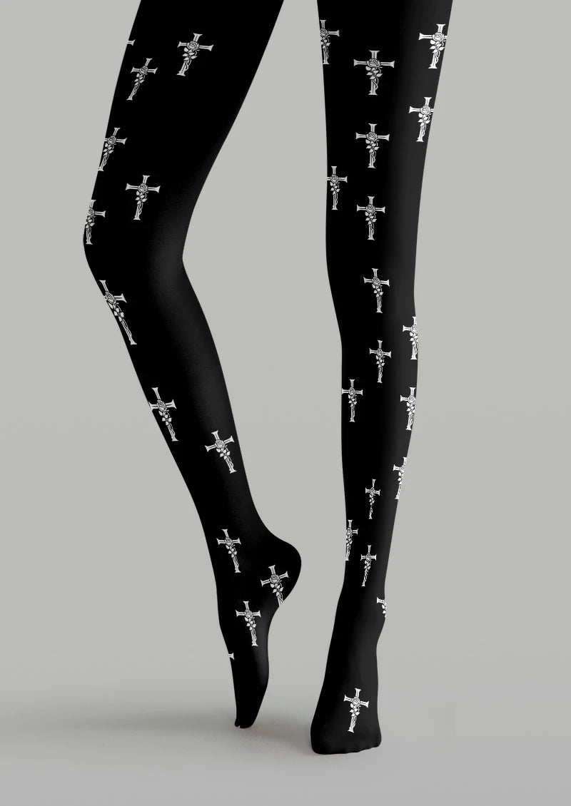 Black printed tights with small white crosses wrapped in rose-like stems