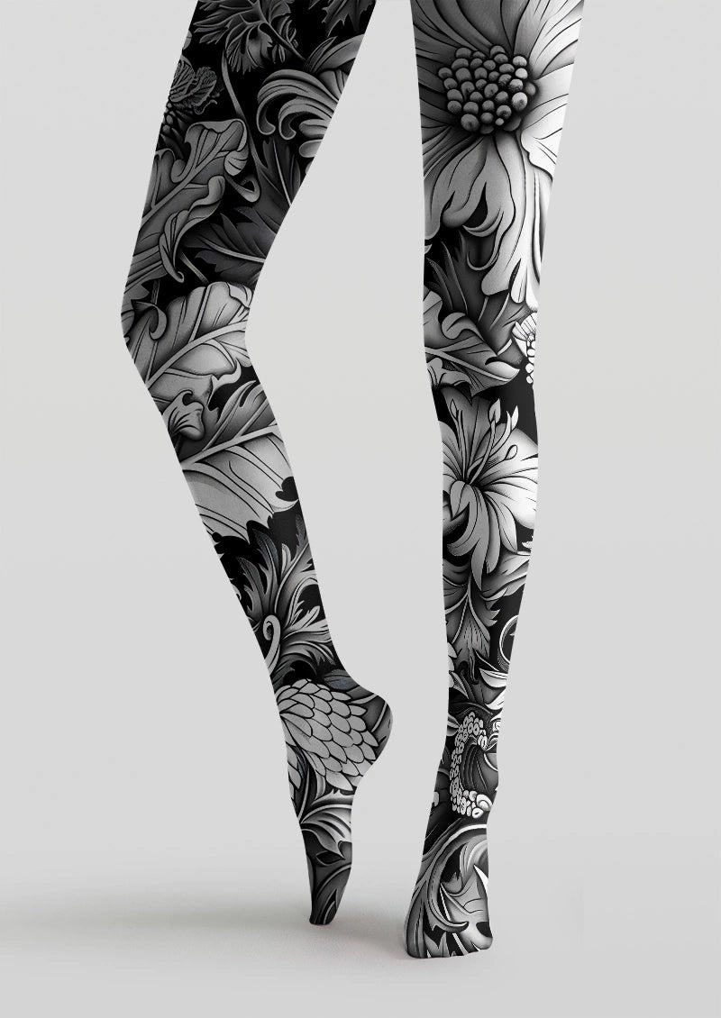 Monochrome Tattoo Floral Print Tights Hosiery Pantyhose