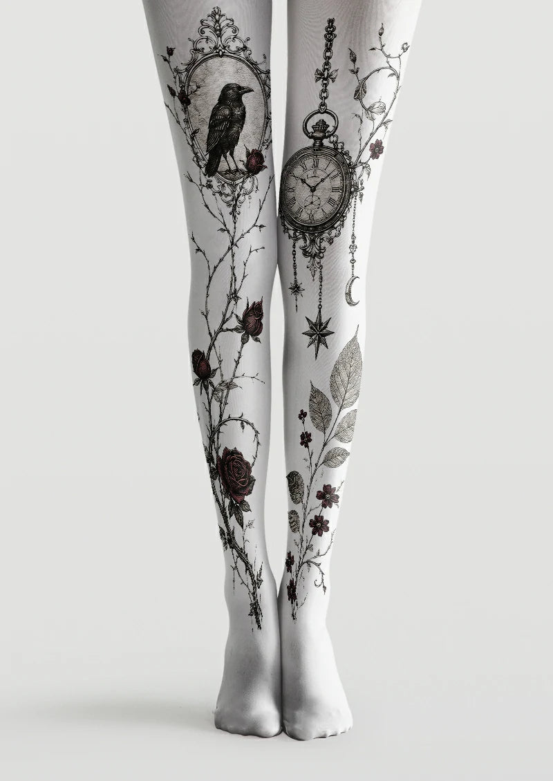 White printed tights with black raven, pocket watch, burgundy roses, branches, stars, and crescent moon
