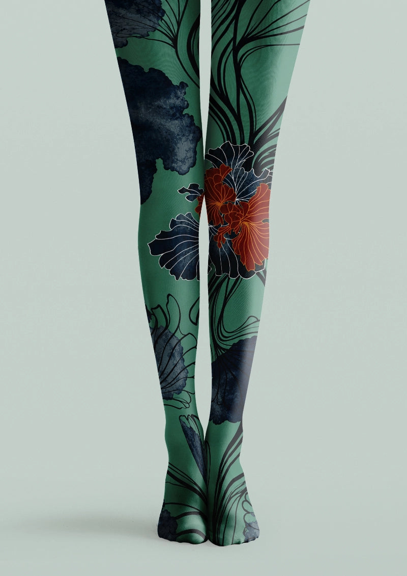 Green Botanical Floral Print Tights Hosiery Pantyhose