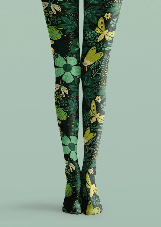 Botanical Moth and Floral Print Tights Hosiery Pantyhose