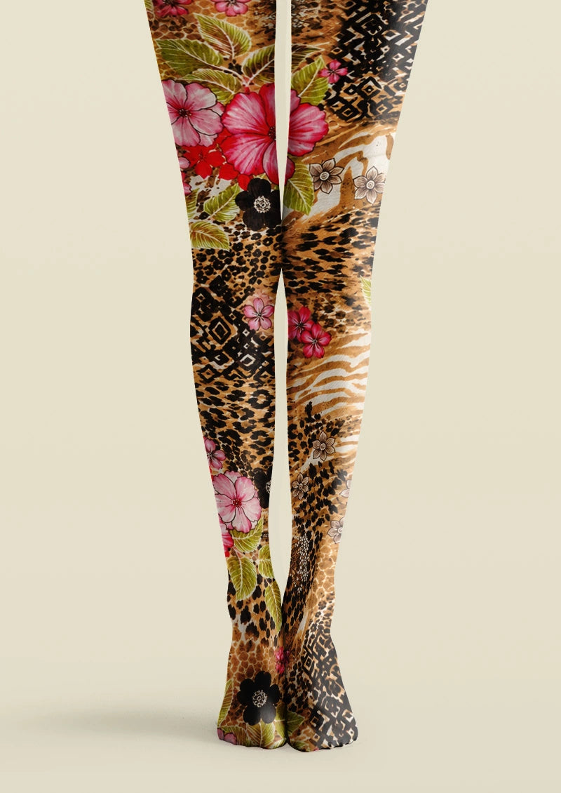 Brown printed tights with pink hibiscus flowers, green leaves, leopard spots and zebra-inspired markings