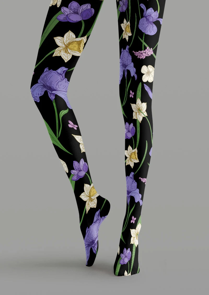 Black Iris Botanical Floral Tights Hosiery Pantyhose