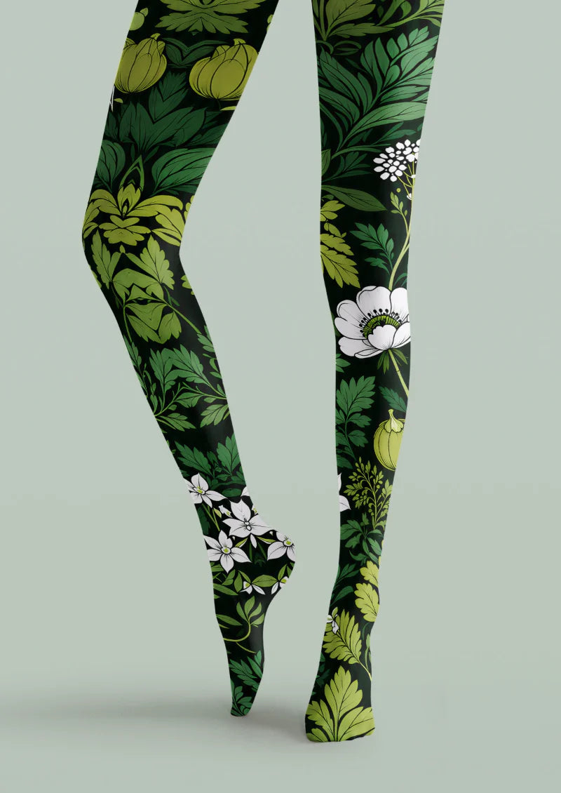 Black Botanical Print Tights