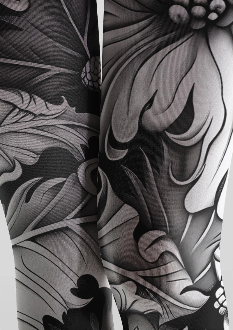Monochrome Tattoo Floral Print Tights Hosiery Pantyhose