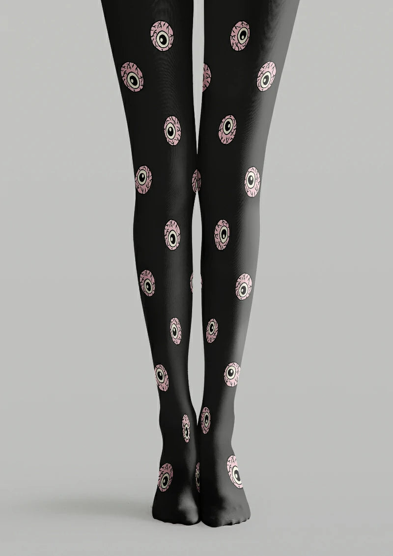 Black tights with pink eye graphic pattern