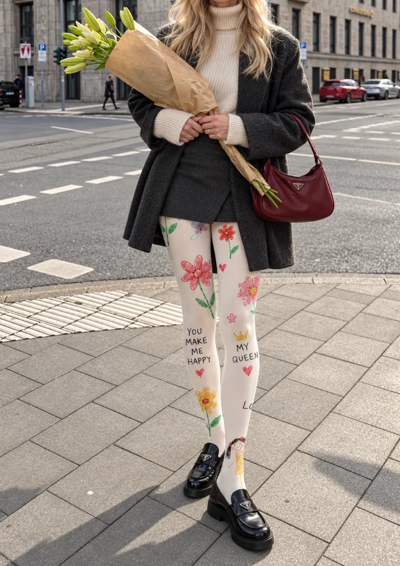 White Crayon Floral Doodle Tights